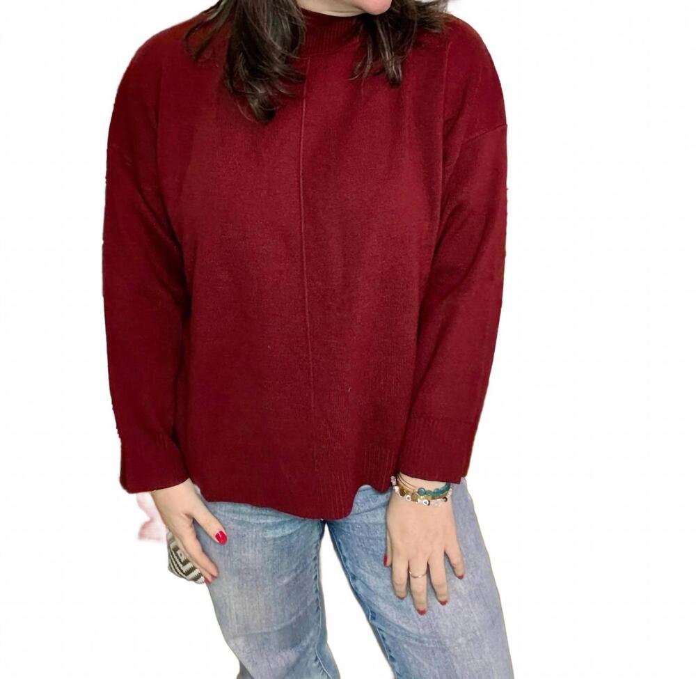 NEW BLU PEPPER solid mock neck seam front knit sweater in rosewood